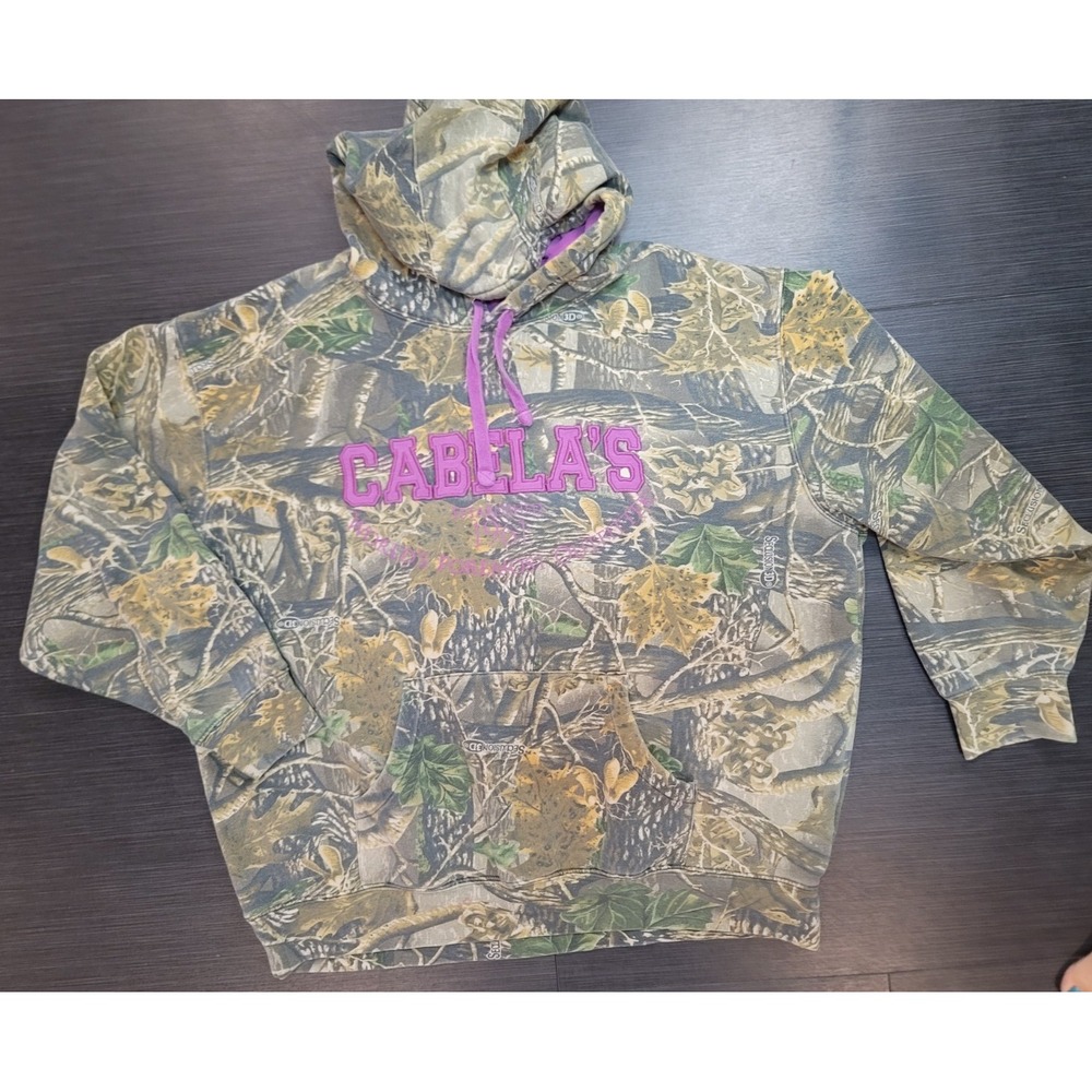 Cabelas Womans Camo Pink 2XL Hoodie distressed Y2K Real Tree Hunting
